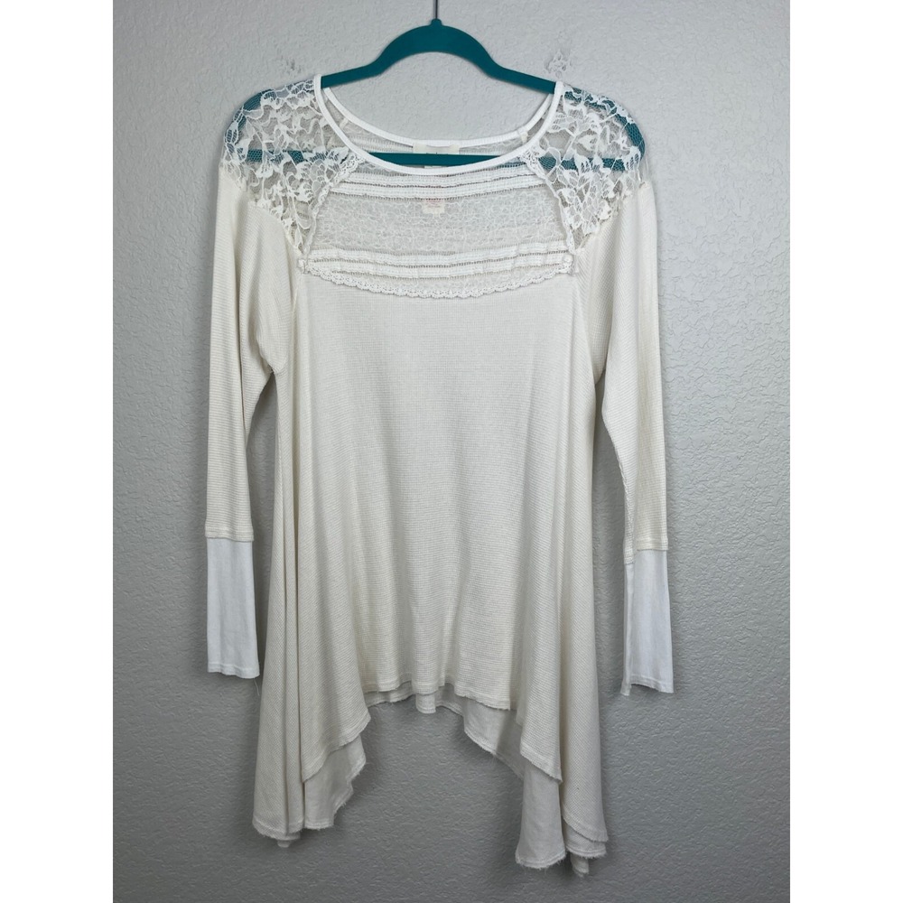 SUNDANCE‎ Tunic Top Womens Medium White Waffle Knit Crochet Boho Shirt Coastal